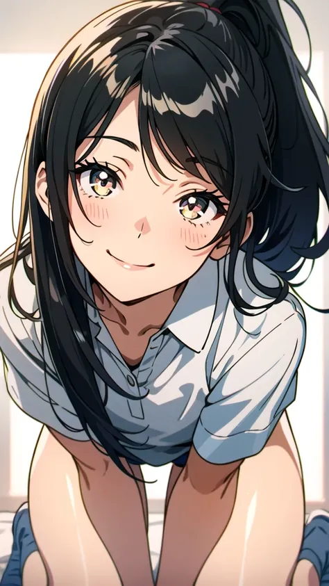 One girl、solo、15 years old、Polo shirt、skirt、White socks、An illustration、(Shiny skin、:1.4)、Absurd、smile、Gazing at the audience、big、whole body、Black Hair、ponytail、Brown eyes、Sharp focus、Depth of written boundary、Eyes are delicate、Sharp pupils、Realistic pupil...