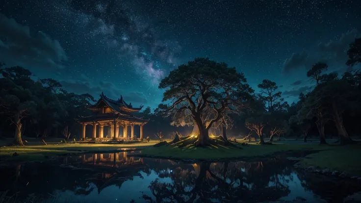 a spectacular night, Moonlit Ethereal Forest, glowing fireflies, mystical atmosphere, vibrant stars in the sky, serene lagoon reflecting the night sky, ancient temple in ruins, twisted and gnarled trees, dramatic lighting, dramatic shadows, film compositio...