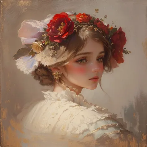 Painting of a woman with a flower crown on her head, romanticism portrait, Female portrait, in the style of oil painting, in the style of old painting, Classic portrait, female portrait with flowers, inspired by Konstantin Makovsky, girl with flower head, ...