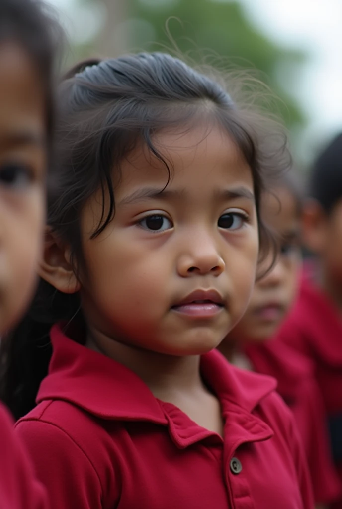 Children and adolescents in red uniforms suffering school violence in Guatemala