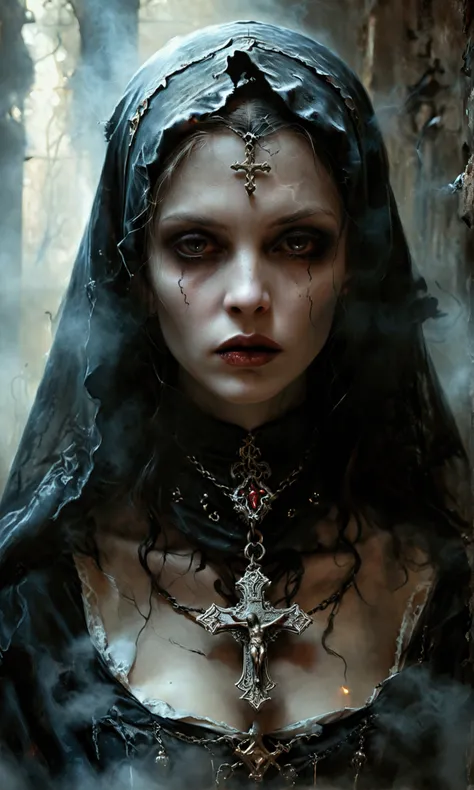 a dark portrait of a late medieval vampire nun with an ominous and cruel expression, subtle smoke swirling and dramatic shadows and silhouettes cast around her, gothic style, renaissance period style, highly detailed digital painting, art by brom, luis roy...