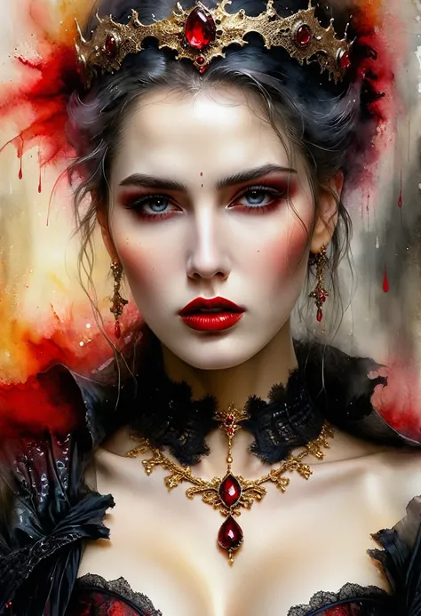 Fantasy realism, highly detailed mesmerizing HDR, digital art, extreme close-up, in the style of Luis Royo, bright red lips, pale skin, long hair tied with a tiara, black and lace robes in red and gold, bare shoulders, choker black and red lace, red jewelr...