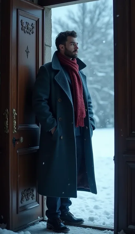 A 21-year-old young rich man with a small beard and big mustache, wearing a lush bluish pent coat and a red muffler. Snow-covered ground and icy environment. Dark, cold night with heavy snowfall. standing in grand mansion entrance door, looking outside fro...