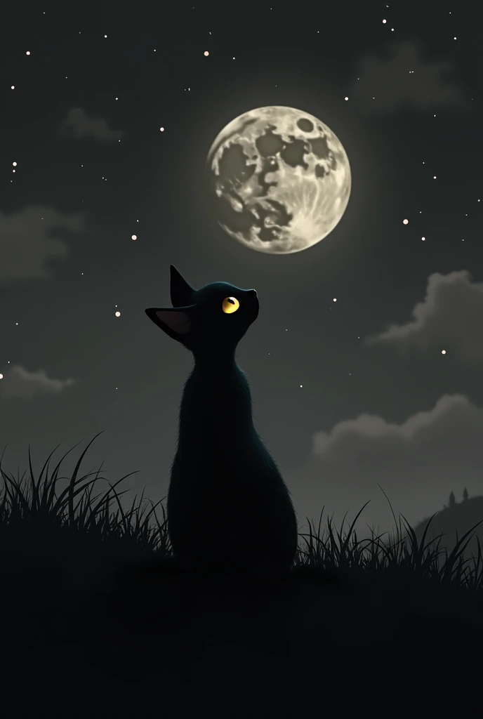 A black and white cat sitting on the grass at night looking at stars
