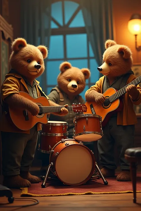 Three bears and playing piano, guitar and jazz drums
