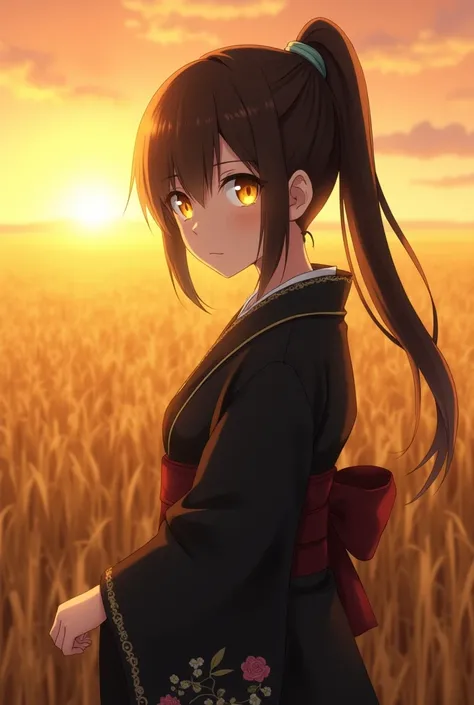 A girl in a kimono with an empty look stands up&#39;waist-high in a wheat field, a black kimono with gold edges, her hair is tied in a ponytail, yellow eyes, the sunset is reflected in his eyes, the light falls on his face, half sideways to the camera