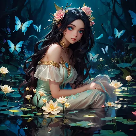 woman sitting in a pond, surrounded by butterflies and flowers, unearthly beauty, Ian J., bowwater style, Beautiful character art, a picture of beauty, inspired by Ross Tran, beautiful fantasy art, stunning young ethereal figure, fantasy art style, Ross Tr...