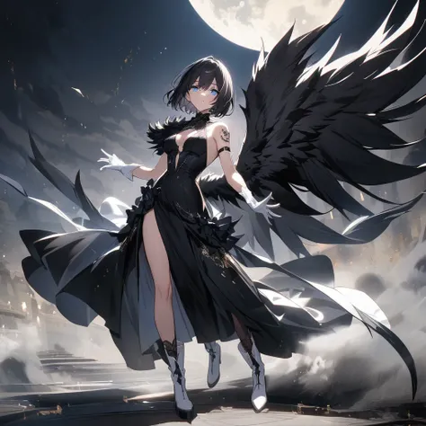 goddess(black hair, short hair, wolf-back hair, blue-eyes, black gorgeous dress, white opera gloves, moon shoulder tattoo, white long boots, black tights, black large wings)