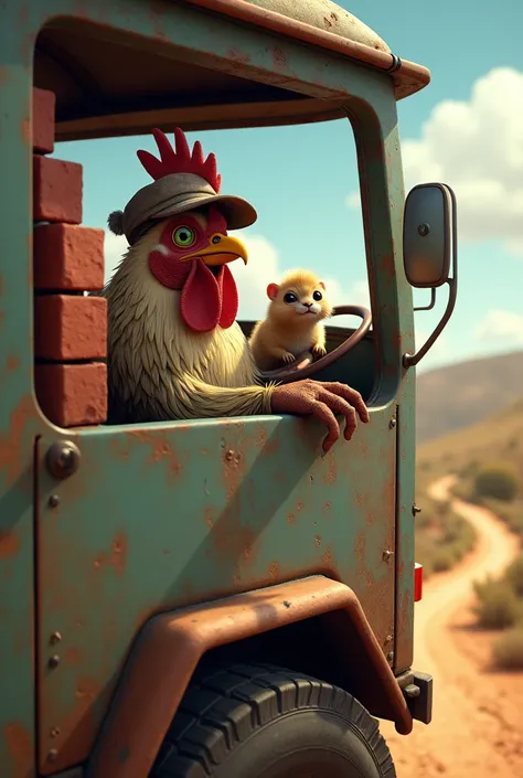 I want a rooster driving a truck that transports bricks and an acuri as co-pilot, but both can be seen in the cabin.