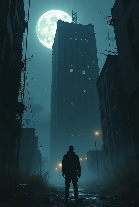 Show me picture of a guy standing in front of an abandoned skyscraper on a full moon with a degree of eerie aura emiting from the dilapidated building. Make it very scary and captivating for a book cover