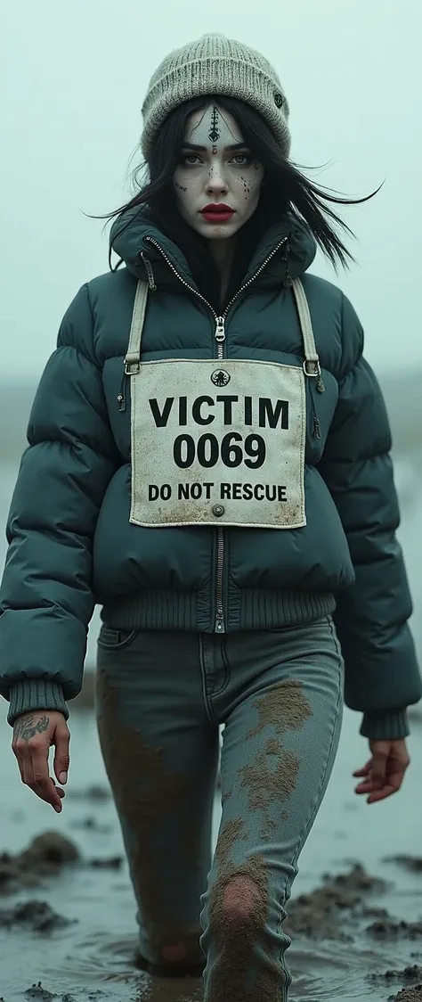 woman, moncler ultra-short sporty down jacket,bib "VICTIM 0069 DO NOT RESCUE", flared jeans, stuck in bog,pale ethnic patterns ritual makeup, warm hat, cold, red lips