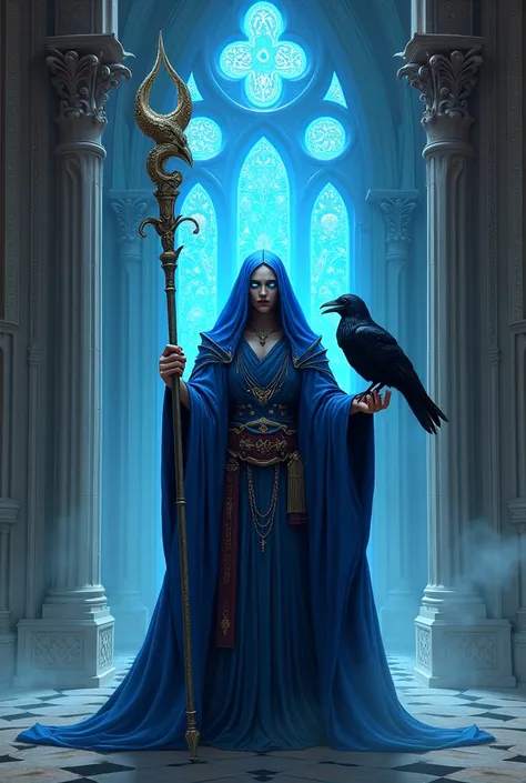 Human wizard but with slightly elven aspects, large wizard chapel, electric blue repitolian eyes, with bright blue robes a staff and a raven.