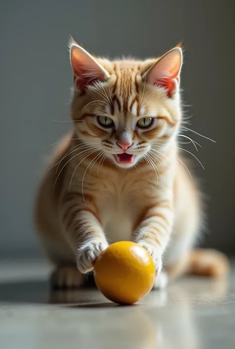 A CAT PLAYING BALL, evil smile, Minimalism, macro photo, masterpiece