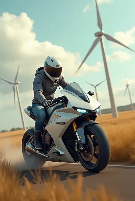 Futuristic motorcycle racing on a field with windmills 