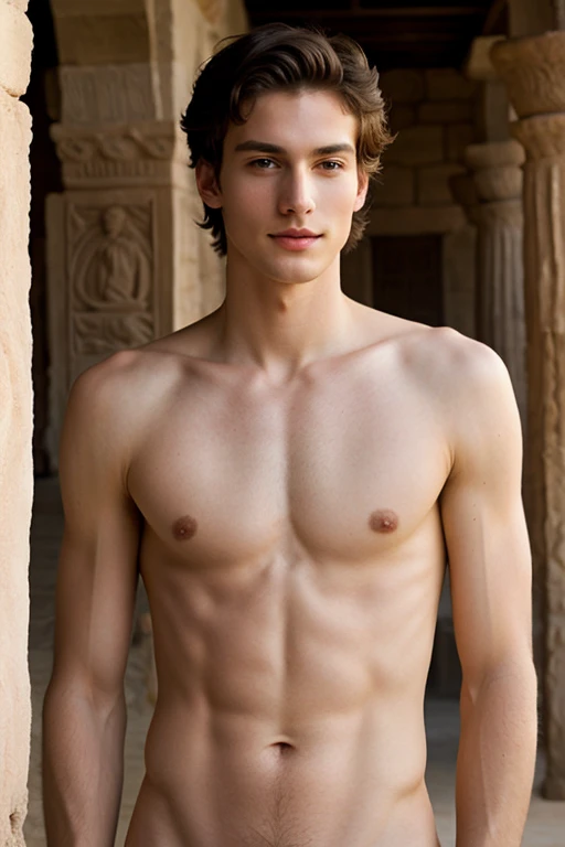 young, Beautiful, handsome, white, skinny, soft skin, beautiful face, shirtless, in an ancient pottery