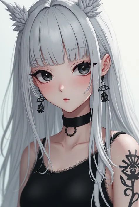 The most beautiful girl, with tattoos on her body, white hair and bangs, with BLACK eyes, anime style.