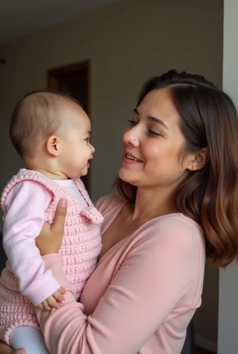 A mother holding a baby in a pink outfit, with a tired look, but loving. The baby smiles at her.