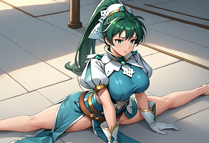 respLyn, green hair, high ponytail, hat, white capelet, blue dress, side slit, puffy sleeves, white sleeves, sash, belt, white gloves, big breasts, 1girl, solo,  Sitting, On the floor, Split Horizon, stretch, horizontal splits, stretch regs, hands on floor