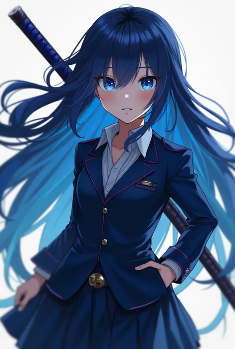 Teenager with long hair with blue tips and blue eyes wearing a navy blue uniform and a katana ,move on