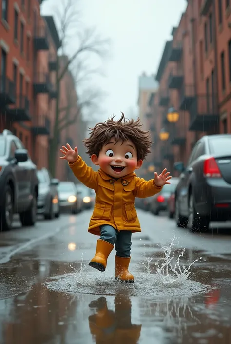 A boy playing in the street in the rain ((realisitic))