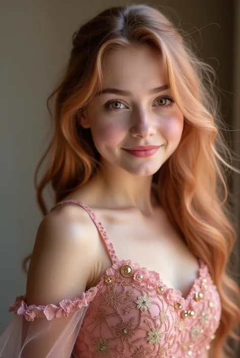 An 18 years old European girl with pale skin and long, wavy rose_gold hair. large and magenta colored eyes, full lips, with an adorable, and innocent face. She should have a happy expression, wearing a pink, gold, and rose gold colored dress, with an elega...