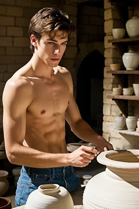 young, Beautiful, handsome, white, skinny, soft skin, beautiful face, shirtless, in an old pottery making a vase