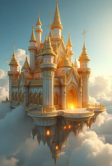 Generates a golden castle in the sky with glass windows that looks horizontally, with flashes of a central light, This castle must contain precious pearls that look realistic, without creating the reflection on the bottom