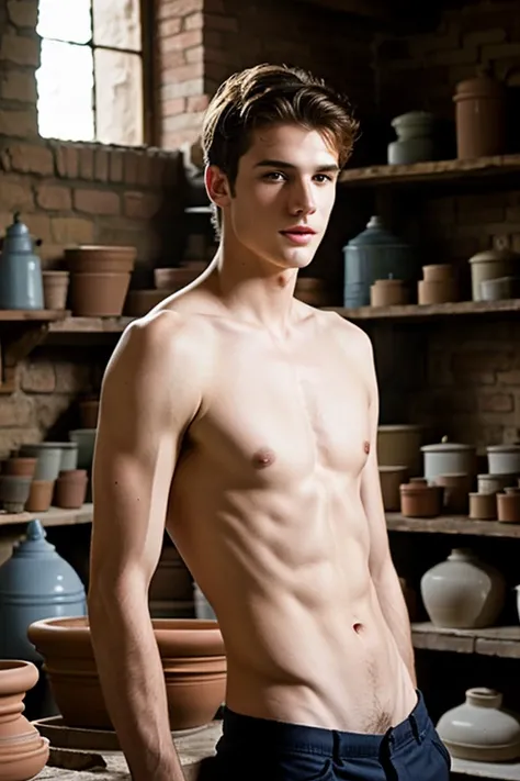 young, Beautiful, handsome, white, skinny, soft skin, beautiful face, shirtless, In an old pottery shop making a pot with an old man