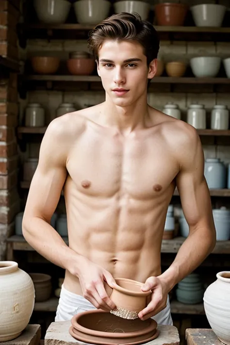 young, Beautiful, handsome, white, skinny, soft skin, beautiful face, shirtless, In an old pottery shop making a pot with an old man