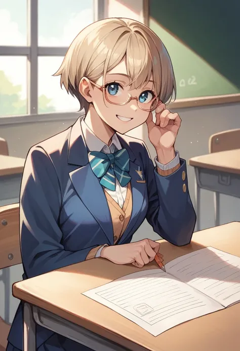 masterpiece, best quality, ultra-detailed, 1girl, 15 years old, light brown hair, short hair, bob, deep blue eyes, glasses, blazer, indigo clothes, slightly smile, in classroom