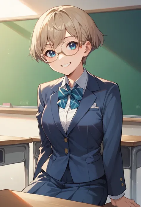 masterpiece, best quality, ultra-detailed, 1girl, 15 years old, light brown hair, short hair, bob, deep blue eyes, glasses, blazer, indigo clothes, slightly smile, in classroom