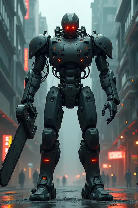 Dark_fantasy,cyberpunk,(chain saw,chain saw man,Red:1.1),1man,Mechanical marvel,Robotic presence,Cybernetic guardian,