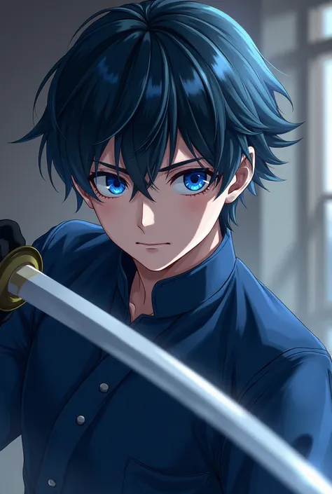 Teenage male with short black hair with blue tips with blue eyes wearing a navy blue uniform and a katana ,move on