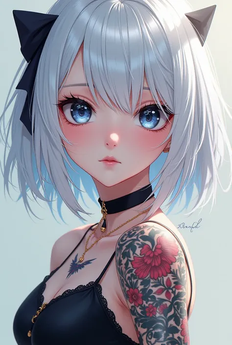 beautiful girl, with tattoos on her body, white hair and bangs, with BLACK eyes, anime style.