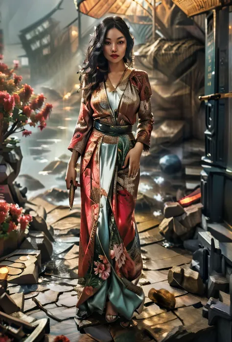 arafed woman, pretty lady moonlay, in a kimono outfit with a sword and a cat, 🌺 cgsociety, japanese goddess, inspired by cynthia...