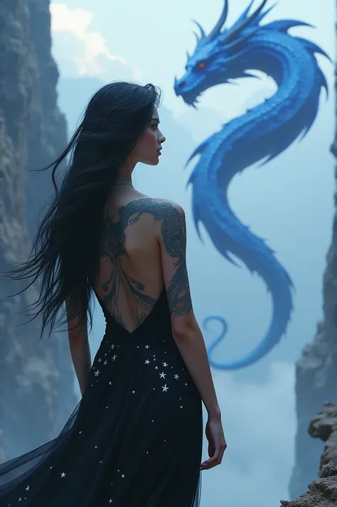 Make an image of a woman with the appearance of Axnein Nove, she is standing with her back turned in a black dress with white stars, the back is exposed showing a large tattoo of a blue dragon that takes up the entire back of the woman, Her hair is black a...