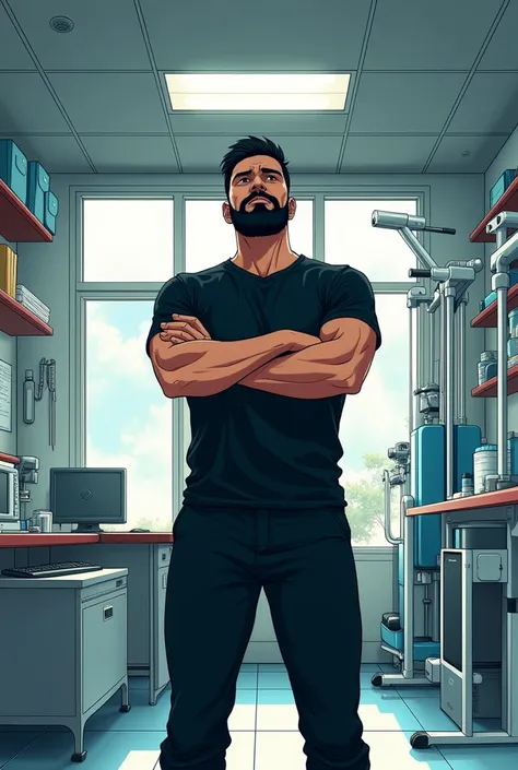 Imagine a man wearing black pant shirt with black beard with folded arms standing in front of physiotherapy and fittness equipments inside a shop anime 