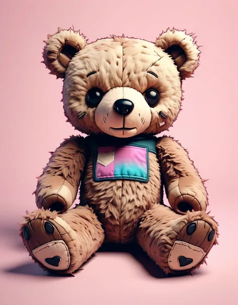 Design a 3D plush-style teddy bear character with a soft, furry texture. The character should have a distressed, vintage look with patches and stitches, and feature a muted, sepia-toned color palette, Vaporwave color