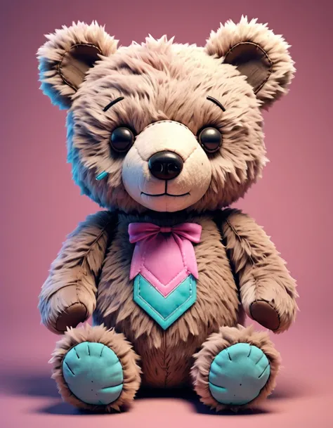 Design a 3D plush-style teddy bear character with a soft, furry texture. The character should have a distressed, vintage look with patches and stitches, and feature a muted, sepia-toned color palette, Vaporwave color