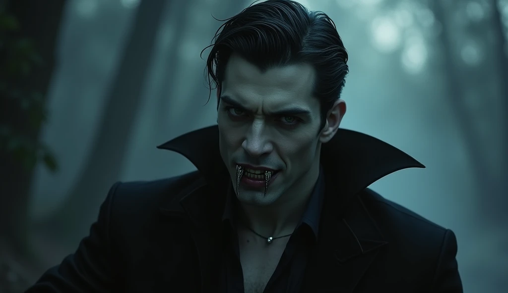 a sexy male vampire with long canine like fangs 