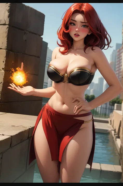 red hair girl, eighteen years old, sexy, cute, blushing, low rise low waist narrow slit open red short torn very small microskirt, with golden border, no panty, red hood with golden border, hips free, midriff, very deep neckline, big bust, strapless short ...