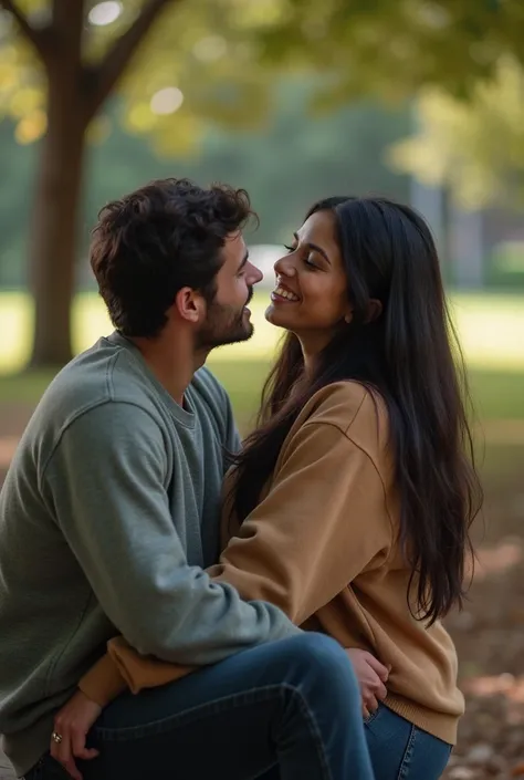 A 25-year-old, 150-pound Brazilian woman with long, dark straight hair and wearing a sweatshirt , in a sweatshirt sitting on a park bench with her man beside her, full body background room looking forward