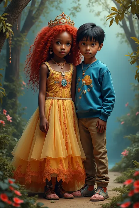 Create a black girl with very curly red hair dressed as a princess with a brown indigenous boy with straight hair wearing a blue sweatshirt and with feet with large veins popping out. 