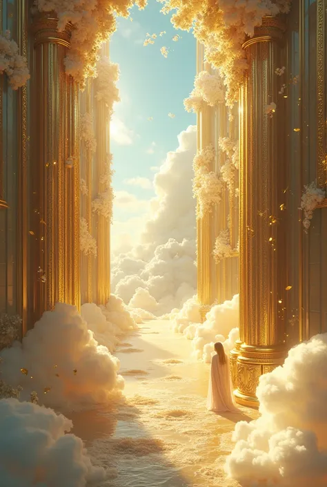 Generate a kingdom in the sky of gold with glass windows 2 meters high and 15 meters wide with a wall of gold and two main dead with pearls in the clouds 