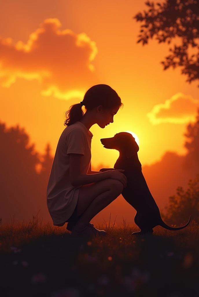 Generate an image that has a silhouette of a teenage girl next to her dachshund watching the dog at sunset. The girl gives affection to the dog because she misses him a lot. 