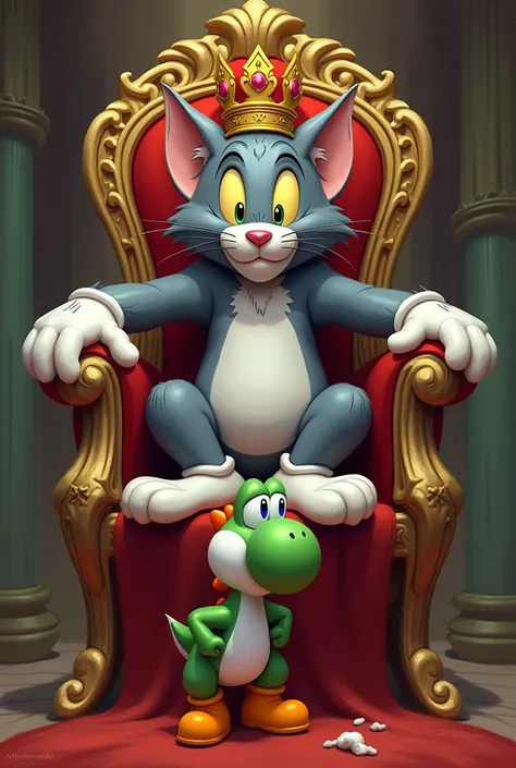 Has a Tom ( Tom and Jerry ) on a throne and below the throne a depressed gray Yoshi 