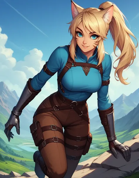 score_9,score_8_up,score_7_up, score_6_up, score_5_up,source_anime, human, Kat, blue eyes, black whisker marks on face, blonde hair, hair in ponytail, wearing blue tunic, brown pants, leather gauntlets, leather straps and adventuring gear, leather boots,bi...