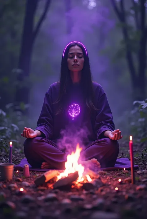 Movie Characters in Meditation, Surrounded by natural elements, violet bonfire, incense and illuminated symbols, Convey the concept of depth, self-awareness reflection