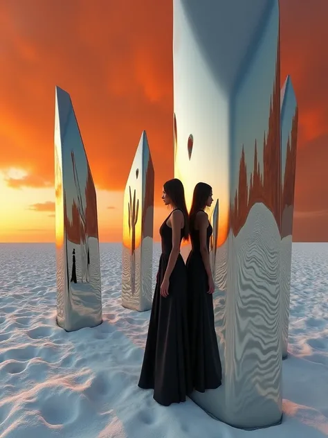 rick owens inspired female fashion model, set in the tundra, surrounded by 20ft abstract spiky shards of highly reflective mirror material, the sky is orange similar to the blade runner desert scene, natural lighting, natural shadows, k