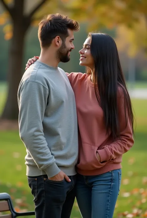 A 25-year-old, 150-pound Brazilian woman with long, dark straight hair and wearing a sweatshirt , in a sweatshirt standing on a park bench with her man beside her , square background full body looking forward